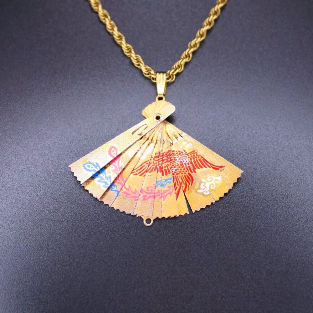 Vintage Asian Articulated Brass Fan Charm Pendant w/ 12k Gold Filled LONG Chain